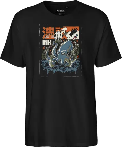 The Ink Master - blue and orange graphic tee, tattoo parlor fan merch, illustrative squid design, tattooist gift shirt, retro japanese woodblock art, tattoo squid shirt, octopus tattoo artist t-shirt, japanese ink master apparel, ukiyo-e wave graphic tee, vintage tattoo culture clothing, giant squid artist design, traditional japanese art t-shirt, tattoo machine graphic top, nautical tattoo streetwear, ocean artist apparel, kanji tattoo shirt, aquatic tattooist streetwear, creative octopus apparel, ink addict t-shirt - Fairtrade T-Shirt