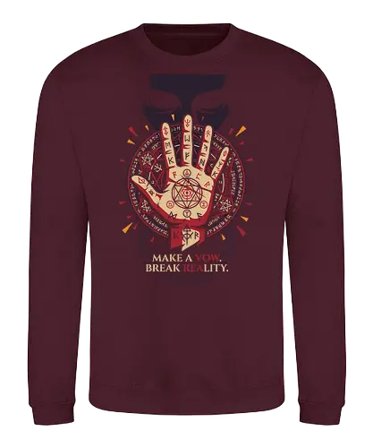 Make a Vow - make a vow shirt, break reality t-shirt, sorcery ritual graphic tee, anime summoning circle apparel, occult runes clothing, jujutsu inspired streetwear, alchemical seal design, mystical hand graphic top, dark fantasy anime merch, esoteric symbol t-shirt, cursed energy apparel, ancient sorcery fan art, burgundy and cream anime shirt, supernatural contract clothing, geek culture fashion, stylish otaku streetwear, anime protagonist gift, arcane magic graphic tee, ritualistic anime design - Sweatshirt