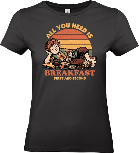 Breakfast Food Movie - Cheese, Apple, Jelly, Breakfast, Second Breakfast, Fast Food, Food, Eat, Eating, Movie, Classic, Retro Vintage, Vintage, Retro, Fantasy, Medieval, Adventure, Middle Earth, Middle Age, Magic, Magical Creatures, Magical, Delicious, Bread, Croissant, Fruits, Fruit, Eggs, Egg, Bacon - Standard T-Shirt (Frauen)