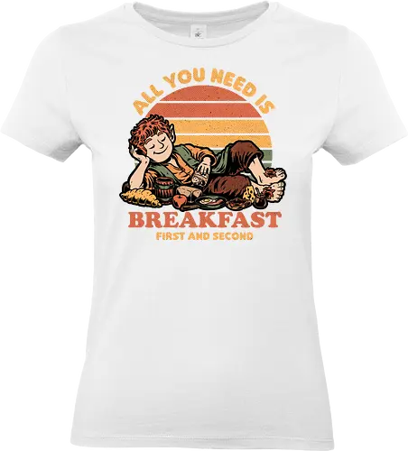 Breakfast Food Movie - Cheese, Apple, Jelly, Breakfast, Second Breakfast, Fast Food, Food, Eat, Eating, Movie, Classic, Retro Vintage, Vintage, Retro, Fantasy, Medieval, Adventure, Middle Earth, Middle Age, Magic, Magical Creatures, Magical, Delicious, Bread, Croissant, Fruits, Fruit, Eggs, Egg, Bacon - Standard T-Shirt (Frauen)