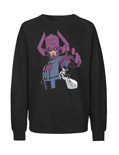 World Eater Cosmic Overlord Minimalist Comic Graphic - purple and navy superhero shirt, high contrast comic art, legendary villain apparel, world eater shirt, galactic titan t-shirt, cosmic overlord graphic tee, silver herald apparel, purple comic villain design, minimalist superhero streetwear, space god clothing, comic book fan gift, cosmic herald t-shirt, planet eater graphic, retro comic aesthetic top, sci-fi comic fan merch, sleek geek culture clothing, celestial being t-shirt, cosmic power graphic tee, modern vector comic shirt - Fairtrade Sweatshirt