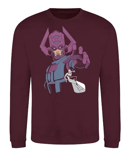 World Eater Cosmic Overlord Minimalist Comic Graphic - purple and navy superhero shirt, high contrast comic art, legendary villain apparel, world eater shirt, galactic titan t-shirt, cosmic overlord graphic tee, silver herald apparel, purple comic villain design, minimalist superhero streetwear, space god clothing, comic book fan gift, cosmic herald t-shirt, planet eater graphic, retro comic aesthetic top, sci-fi comic fan merch, sleek geek culture clothing, celestial being t-shirt, cosmic power graphic tee, modern vector comic shirt - Sweatshirt