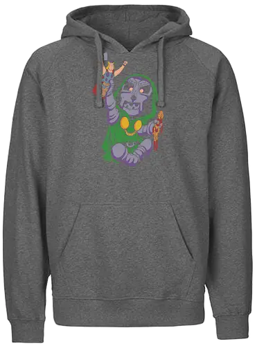 Tiny Tyrant - chibi antagonist merch, cute iron mask design, comic fan gift, whimsical villain art, armored ruler graphic tee, tiny tyrant shirt, chibi comic villain t-shirt, cute doctor doom inspired apparel, baby overlord graphic tee, playing with action figures design, kawaii comic book clothing, funny villain t-shirt, retro comic aesthetic top, hooded sorcerer graphic, green and purple comic shirt, nerdy parody apparel, miniature heroes art, toy box tyrant t-shirt, geek culture streetwear - Fairtrade Hoodie