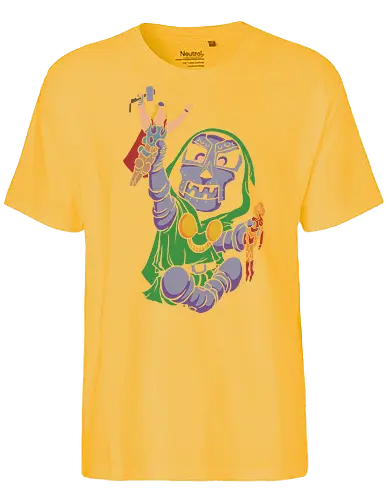 Tiny Tyrant - chibi antagonist merch, cute iron mask design, comic fan gift, whimsical villain art, armored ruler graphic tee, tiny tyrant shirt, chibi comic villain t-shirt, cute doctor doom inspired apparel, baby overlord graphic tee, playing with action figures design, kawaii comic book clothing, funny villain t-shirt, retro comic aesthetic top, hooded sorcerer graphic, green and purple comic shirt, nerdy parody apparel, miniature heroes art, toy box tyrant t-shirt, geek culture streetwear - Fairtrade T-Shirt