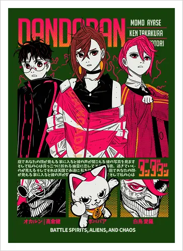Dandadan - dandadan, paranormal anime, alien invasion, yokai battle, sci fi horror, action comedy manga, supernatural duo, japanese manga series, anime illustration - Kunstdruck