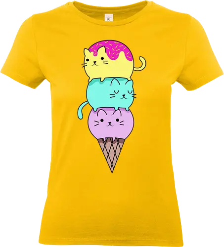 Gatos en Helado - Gato, Animal, Amarillo, Azul, Gatito, Rosa, Morado, Gatos, Verano, Gato Lindo, Diseño, Fanart, Delicioso, Frutas, Cono, Felino, Jardín, Gato de Jugo, Helado - Standard T-Shirt (Frauen)