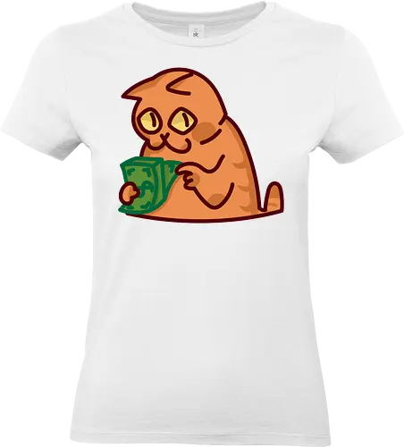 Gato contando dinero - Gato, Animal, Amarillo, Verde, Gatito, Efectivo, Dinero, Gatos, Naranja, Gato lindo, Diseño, Contando, Rico, Arte de fan, Felino, Jardín, Gato de jugo, Facturas - Standard T-Shirt (Frauen)