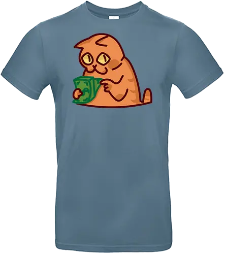Gato contando dinero - Gato, Animal, Amarillo, Verde, Gatito, Efectivo, Dinero, Gatos, Naranja, Gato lindo, Diseño, Contando, Rico, Arte de fan, Felino, Jardín, Gato de jugo, Facturas - Standard T-Shirt