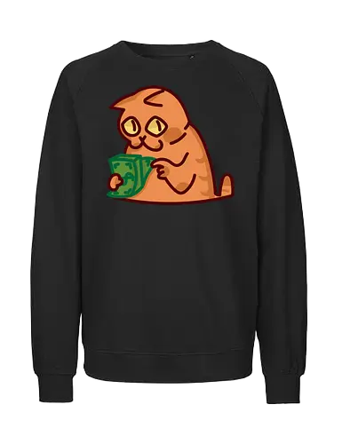 Gato contando dinero - Gato, Animal, Amarillo, Verde, Gatito, Efectivo, Dinero, Gatos, Naranja, Gato lindo, Diseño, Contando, Rico, Arte de fan, Felino, Jardín, Gato de jugo, Facturas - Fairtrade Sweatshirt