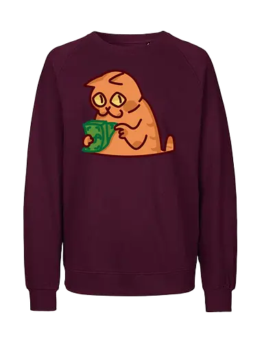 Gato contando dinero - Gato, Animal, Amarillo, Verde, Gatito, Efectivo, Dinero, Gatos, Naranja, Gato lindo, Diseño, Contando, Rico, Arte de fan, Felino, Jardín, Gato de jugo, Facturas - Fairtrade Sweatshirt