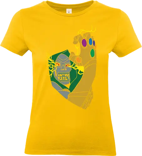 Infinite Power - infinite power shirt, armored villain t-shirt, infinity gauntlet graphic tee, cosmic overlord apparel, metal mask comic design, doctor doom inspired streetwear, magic vs technology clothing, golden gauntlet top, retro comic book art shirt, forest green and gold t-shirt, galactic battle graphic, cosmic gems apparel, legendary antagonist merch, geek culture fashion, vintage comic villain top, universe conqueror clothing, high contrast comic style, sovereign ruler streetwear, power surge graphic tee - Standard T-Shirt (Frauen)