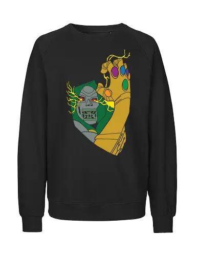 Infinite Power - infinite power shirt, armored villain t-shirt, infinity gauntlet graphic tee, cosmic overlord apparel, metal mask comic design, doctor doom inspired streetwear, magic vs technology clothing, golden gauntlet top, retro comic book art shirt, forest green and gold t-shirt, galactic battle graphic, cosmic gems apparel, legendary antagonist merch, geek culture fashion, vintage comic villain top, universe conqueror clothing, high contrast comic style, sovereign ruler streetwear, power surge graphic tee - Fairtrade Sweatshirt