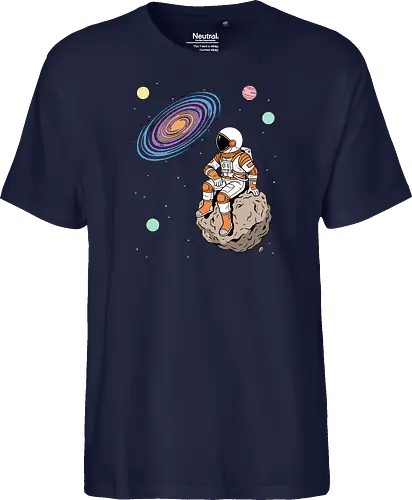 Cosmic Contemplation - astronaut on asteroid shirt, space explorer t-shirt, cosmic galaxy graphic tee, astronaut gazing at stars apparel, retro sci-fi space design, astronomy lover gift, aesthetic celestial streetwear, orange and purple galaxy art, outer space adventure clothing, minimalist astronaut top, planetary exploration t-shirt, gift for science geeks, space suit graphic tee, floating on an asteroid shirt, cool nasa style apparel, swirling galaxy artwork, dreamer space shirt, cosmic solitude clothing, modern sci-fi fashion - Fairtrade T-Shirt