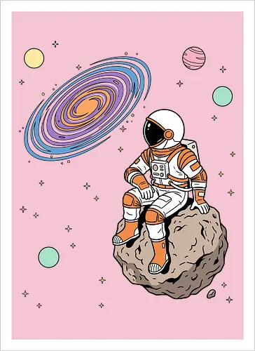 Cosmic Contemplation - astronaut on asteroid shirt, space explorer t-shirt, cosmic galaxy graphic tee, astronaut gazing at stars apparel, retro sci-fi space design, astronomy lover gift, aesthetic celestial streetwear, orange and purple galaxy art, outer space adventure clothing, minimalist astronaut top, planetary exploration t-shirt, gift for science geeks, space suit graphic tee, floating on an asteroid shirt, cool nasa style apparel, swirling galaxy artwork, dreamer space shirt, cosmic solitude clothing, modern sci-fi fashion - Kunstdruck