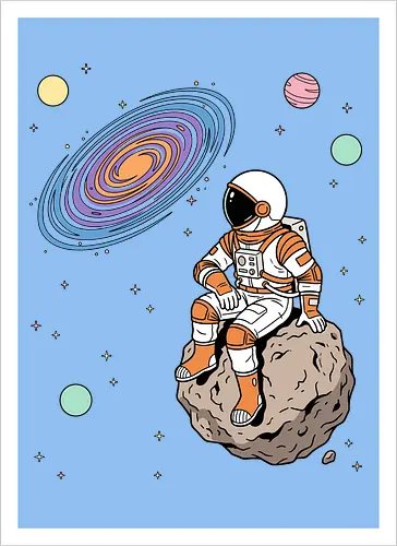 Cosmic Contemplation - astronaut on asteroid shirt, space explorer t-shirt, cosmic galaxy graphic tee, astronaut gazing at stars apparel, retro sci-fi space design, astronomy lover gift, aesthetic celestial streetwear, orange and purple galaxy art, outer space adventure clothing, minimalist astronaut top, planetary exploration t-shirt, gift for science geeks, space suit graphic tee, floating on an asteroid shirt, cool nasa style apparel, swirling galaxy artwork, dreamer space shirt, cosmic solitude clothing, modern sci-fi fashion - Kunstdruck