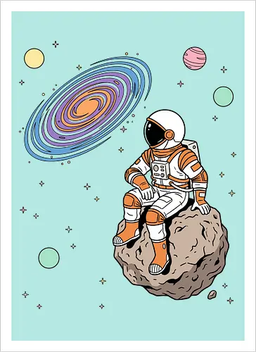 Cosmic Contemplation - astronaut on asteroid shirt, space explorer t-shirt, cosmic galaxy graphic tee, astronaut gazing at stars apparel, retro sci-fi space design, astronomy lover gift, aesthetic celestial streetwear, orange and purple galaxy art, outer space adventure clothing, minimalist astronaut top, planetary exploration t-shirt, gift for science geeks, space suit graphic tee, floating on an asteroid shirt, cool nasa style apparel, swirling galaxy artwork, dreamer space shirt, cosmic solitude clothing, modern sci-fi fashion - Kunstdruck