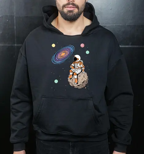 Cosmic Contemplation - astronaut on asteroid shirt, space explorer t-shirt, cosmic galaxy graphic tee, astronaut gazing at stars apparel, retro sci-fi space design, astronomy lover gift, aesthetic celestial streetwear, orange and purple galaxy art, outer space adventure clothing, minimalist astronaut top, planetary exploration t-shirt, gift for science geeks, space suit graphic tee, floating on an asteroid shirt, cool nasa style apparel, swirling galaxy artwork, dreamer space shirt, cosmic solitude clothing, modern sci-fi fashion - Cropped Hoodie