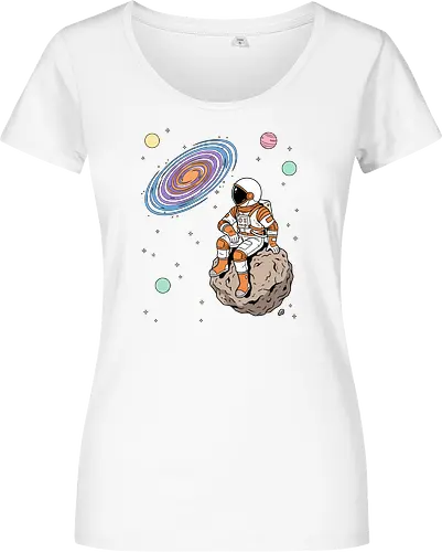 Cosmic Contemplation - astronaut on asteroid shirt, space explorer t-shirt, cosmic galaxy graphic tee, astronaut gazing at stars apparel, retro sci-fi space design, astronomy lover gift, aesthetic celestial streetwear, orange and purple galaxy art, outer space adventure clothing, minimalist astronaut top, planetary exploration t-shirt, gift for science geeks, space suit graphic tee, floating on an asteroid shirt, cool nasa style apparel, swirling galaxy artwork, dreamer space shirt, cosmic solitude clothing, modern sci-fi fashion - Damen T-Shirt