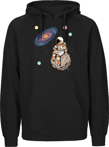 Cosmic Contemplation - astronaut on asteroid shirt, space explorer t-shirt, cosmic galaxy graphic tee, astronaut gazing at stars apparel, retro sci-fi space design, astronomy lover gift, aesthetic celestial streetwear, orange and purple galaxy art, outer space adventure clothing, minimalist astronaut top, planetary exploration t-shirt, gift for science geeks, space suit graphic tee, floating on an asteroid shirt, cool nasa style apparel, swirling galaxy artwork, dreamer space shirt, cosmic solitude clothing, modern sci-fi fashion - Fairtrade Hoodie