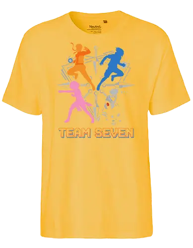 Team Seven Retro Minimalist Ninja Squad - colorful pop art anime shirt, ninja training gear, legendary squad t-shirt, stylish otaku fashion, team seven shirt, ninja squad t-shirt, hidden leaf village apparel, orange ninja silhouette tee, blue rival graphic shirt, pink kunoichi clothing, silver hair sensei t-shirt, retro anime streetwear, minimalist shonen fan merch, kunai knife design, shinobi bond t-shirt, vibrant anime silhouettes, heroic trio clothing, geometric ninja art, classic manga fan gift - Fairtrade T-Shirt