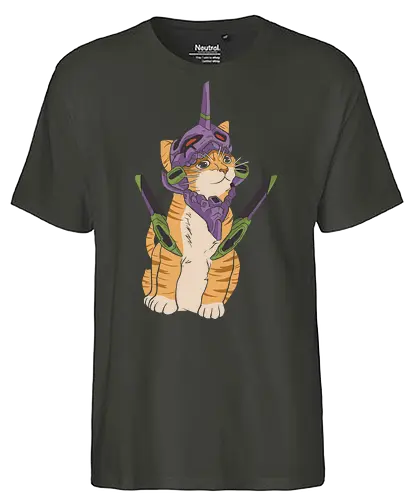"Mecha Kitty" Neon Genesis Cat - otaku cat lover gift, minimalist anime graphic tee, mecha helmet cat apparel, retro sci-fi anime clothing, cute mecha pilot shirt, mecha kitty shirt, evangelion cat t-shirt, purple mecha cat design, neon genesis feline apparel, unit 01 cat graphic tee, anime cat pilot clothing, ginger tabby mecha art, kawaii mecha streetwear, giant robot cat shirt, purple and green anime top, sci-fi kitten t-shirt, japanese animation cat merch, futuristic feline streetwear, edgy anime cat design - Fairtrade T-Shirt
