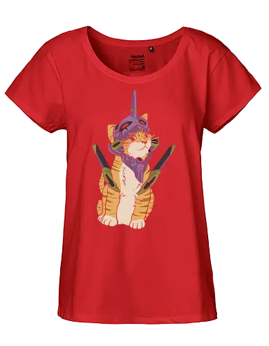"Mecha Kitty" Neon Genesis Cat - otaku cat lover gift, minimalist anime graphic tee, mecha helmet cat apparel, retro sci-fi anime clothing, cute mecha pilot shirt, mecha kitty shirt, evangelion cat t-shirt, purple mecha cat design, neon genesis feline apparel, unit 01 cat graphic tee, anime cat pilot clothing, ginger tabby mecha art, kawaii mecha streetwear, giant robot cat shirt, purple and green anime top, sci-fi kitten t-shirt, japanese animation cat merch, futuristic feline streetwear, edgy anime cat design - Fairtrade Girl Shirt