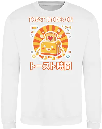 Toast Mode: On Kawaii Toaster Robot Retro Japanese Graphic - toast mode on shirt, kawaii toaster t-shirt, happy kitchen robot graphic tee, japanese breakfast apparel, cute food robot design, retro sun aesthetic clothing, toast mode on top, funny kitchen gadget t-shirt, kawaii kitchenware merch, yellow and orange graphic shirt, japanese typography toaster tee, adorable robot t-shirt, breakfast lover gift, whimsical kitchen art clothing, heart toast graphic, tech-themed kawaii shirt, cheerful robot apparel, unique food character top, sunny morning graphic t-shirt - Sweatshirt