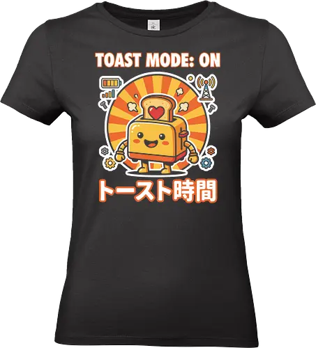 Toast Mode: On Kawaii Toaster Robot Retro Japanese Graphic - toast mode on shirt, kawaii toaster t-shirt, happy kitchen robot graphic tee, japanese breakfast apparel, cute food robot design, retro sun aesthetic clothing, toast mode on top, funny kitchen gadget t-shirt, kawaii kitchenware merch, yellow and orange graphic shirt, japanese typography toaster tee, adorable robot t-shirt, breakfast lover gift, whimsical kitchen art clothing, heart toast graphic, tech-themed kawaii shirt, cheerful robot apparel, unique food character top, sunny morning graphic t-shirt - Standard T-Shirt (Frauen)