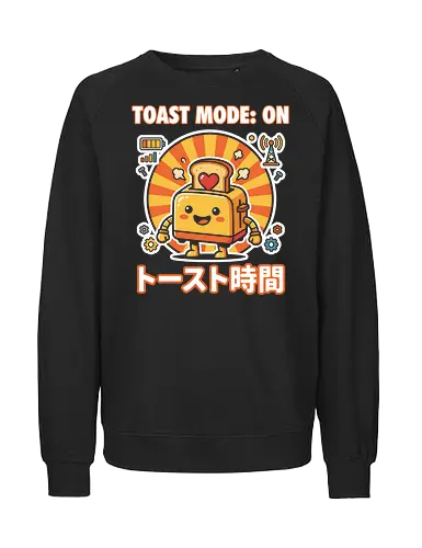 Toast Mode: On Kawaii Toaster Robot Retro Japanese Graphic - toast mode on shirt, kawaii toaster t-shirt, happy kitchen robot graphic tee, japanese breakfast apparel, cute food robot design, retro sun aesthetic clothing, toast mode on top, funny kitchen gadget t-shirt, kawaii kitchenware merch, yellow and orange graphic shirt, japanese typography toaster tee, adorable robot t-shirt, breakfast lover gift, whimsical kitchen art clothing, heart toast graphic, tech-themed kawaii shirt, cheerful robot apparel, unique food character top, sunny morning graphic t-shirt - Fairtrade Sweatshirt