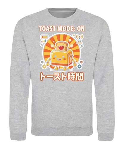 Toast Mode: On Kawaii Toaster Robot Retro Japanese Graphic - toast mode on shirt, kawaii toaster t-shirt, happy kitchen robot graphic tee, japanese breakfast apparel, cute food robot design, retro sun aesthetic clothing, toast mode on top, funny kitchen gadget t-shirt, kawaii kitchenware merch, yellow and orange graphic shirt, japanese typography toaster tee, adorable robot t-shirt, breakfast lover gift, whimsical kitchen art clothing, heart toast graphic, tech-themed kawaii shirt, cheerful robot apparel, unique food character top, sunny morning graphic t-shirt - Sweatshirt