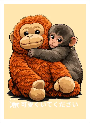 "Stay Cute" Adorable Baby Monkey Hug Retro Japanese Graphic