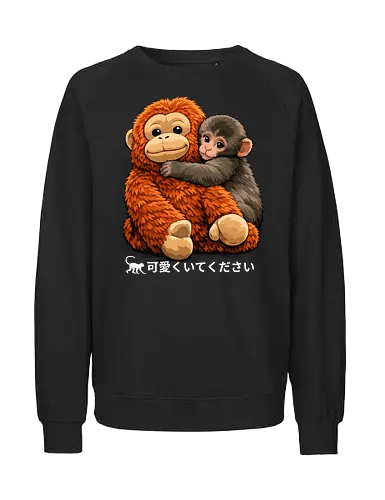 "Stay Cute" Adorable Baby Monkey Hug Retro Japanese Graphic - stay cute monkey shirt, adorable monkey hug t-shirt, baby orangutan and macaque tee, japanese kawaii animal clothing, cute monkey friendship design, wholesome animal graphic top, fluffy monkey illustration merch, retro japanese text apparel, ginger and brown animal shirt, heartwarming nature t-shirt, aesthetic monkey lover gift, soft textured graphic tee, forest friends clothing, cute primate hug t-shirt, kids kawaii monkey top, animal hug streetwear, positive vibes animal shirt, Japanese phrase monkey merch, cozy aesthetic animal tee - Fairtrade Sweatshirt