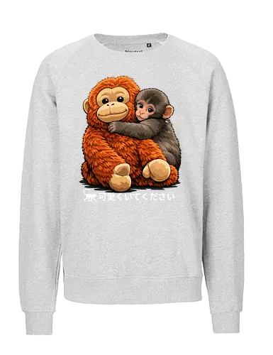 "Stay Cute" Adorable Baby Monkey Hug Retro Japanese Graphic - stay cute monkey shirt, adorable monkey hug t-shirt, baby orangutan and macaque tee, japanese kawaii animal clothing, cute monkey friendship design, wholesome animal graphic top, fluffy monkey illustration merch, retro japanese text apparel, ginger and brown animal shirt, heartwarming nature t-shirt, aesthetic monkey lover gift, soft textured graphic tee, forest friends clothing, cute primate hug t-shirt, kids kawaii monkey top, animal hug streetwear, positive vibes animal shirt, Japanese phrase monkey merch, cozy aesthetic animal tee - Fairtrade Sweatshirt