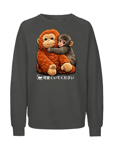 "Stay Cute" Adorable Baby Monkey Hug Retro Japanese Graphic - stay cute monkey shirt, adorable monkey hug t-shirt, baby orangutan and macaque tee, japanese kawaii animal clothing, cute monkey friendship design, wholesome animal graphic top, fluffy monkey illustration merch, retro japanese text apparel, ginger and brown animal shirt, heartwarming nature t-shirt, aesthetic monkey lover gift, soft textured graphic tee, forest friends clothing, cute primate hug t-shirt, kids kawaii monkey top, animal hug streetwear, positive vibes animal shirt, Japanese phrase monkey merch, cozy aesthetic animal tee - Fairtrade Sweatshirt