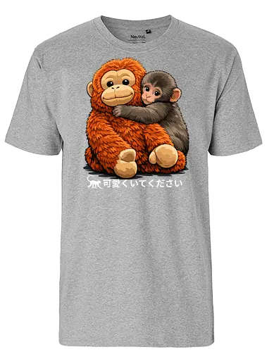 "Stay Cute" Adorable Baby Monkey Hug Retro Japanese Graphic - stay cute monkey shirt, adorable monkey hug t-shirt, baby orangutan and macaque tee, japanese kawaii animal clothing, cute monkey friendship design, wholesome animal graphic top, fluffy monkey illustration merch, retro japanese text apparel, ginger and brown animal shirt, heartwarming nature t-shirt, aesthetic monkey lover gift, soft textured graphic tee, forest friends clothing, cute primate hug t-shirt, kids kawaii monkey top, animal hug streetwear, positive vibes animal shirt, Japanese phrase monkey merch, cozy aesthetic animal tee - Fairtrade T-Shirt