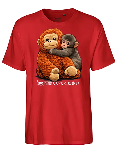 "Stay Cute" Adorable Baby Monkey Hug Retro Japanese Graphic - stay cute monkey shirt, adorable monkey hug t-shirt, baby orangutan and macaque tee, japanese kawaii animal clothing, cute monkey friendship design, wholesome animal graphic top, fluffy monkey illustration merch, retro japanese text apparel, ginger and brown animal shirt, heartwarming nature t-shirt, aesthetic monkey lover gift, soft textured graphic tee, forest friends clothing, cute primate hug t-shirt, kids kawaii monkey top, animal hug streetwear, positive vibes animal shirt, Japanese phrase monkey merch, cozy aesthetic animal tee - Fairtrade T-Shirt