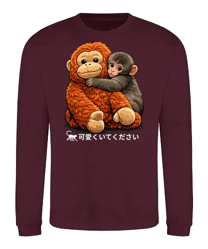 "Stay Cute" Adorable Baby Monkey Hug Retro Japanese Graphic - stay cute monkey shirt, adorable monkey hug t-shirt, baby orangutan and macaque tee, japanese kawaii animal clothing, cute monkey friendship design, wholesome animal graphic top, fluffy monkey illustration merch, retro japanese text apparel, ginger and brown animal shirt, heartwarming nature t-shirt, aesthetic monkey lover gift, soft textured graphic tee, forest friends clothing, cute primate hug t-shirt, kids kawaii monkey top, animal hug streetwear, positive vibes animal shirt, Japanese phrase monkey merch, cozy aesthetic animal tee - Sweatshirt