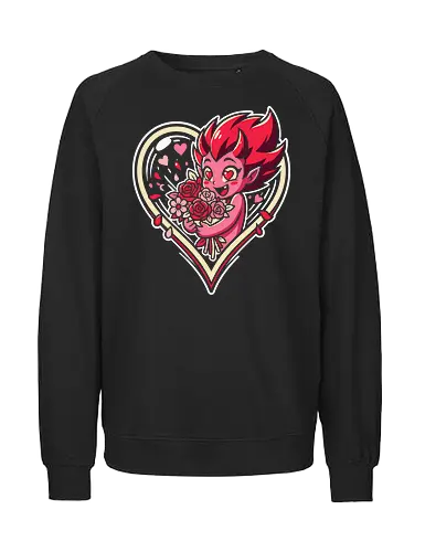 "Love Demon" Kawaii Chibi Devil Valentine's Day Graphic - love demon shirt, kawaii devil t-shirt, chibi monster valentine, heart eyes devil graphic tee, cute succubus apparel, valentine's day monster gift, roses and devil design, pink demon girl clothing, heart frame aesthetic top, sweet but spicy t-shirt, anniversary gift for her, alternative valentine streetwear, romantic devil illustration, spooky cute valentine merch, red roses graphic tee, holiday monster t-shirt, vibrant pink character shirt, whimsical demon art clothing, love themed graphic top - Fairtrade Sweatshirt