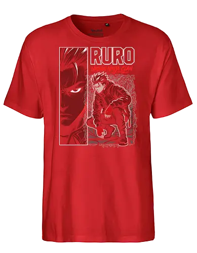 "RURO Urban Ninja Clan" Edgy Techwear Anime Aesthetic - urban ninja clan shirt, ruro anime t-shirt, tactical ninja streetwear, edgy red anime graphic tee, techwear aesthetic clothing, shinobi urban warrior design, crimson red character art, tactical gear anime top, modern ninja illustration, dark shonen aesthetic shirt, original character streetwear, ninja squad goals apparel, red and black anime merch, futuristic ninja t-shirt, high contrast manga style, urban tactical ninja gear, mysterious anime warrior top, stylish otaku fashion, gritty ninja action shirt - Fairtrade T-Shirt