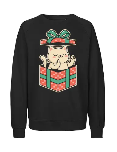 "Surprise Me" Funny Rude Cat in Gift Box Graphic - funny cat gift shirt, rude cat t-shirt, cat in a box graphic tee, middle finger cat apparel, sarcastic animal clothing, kawaii cat prank design, funny birthday gift for friends, cheeky feline t-shirt, red and green gift box art, offensive but cute cat top, cat middle finger gesture, humorous kitty streetwear, rebellious cat illustration, edgy kawaii fashion, surprise gift box t-shirt, funny christmas cat merch, cynical cat lover gift, bold character graphic tee, sassy pet apparel - Fairtrade Sweatshirt