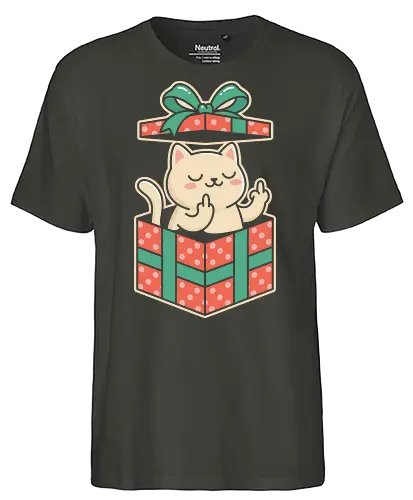 "Surprise Me" Funny Rude Cat in Gift Box Graphic - funny cat gift shirt, rude cat t-shirt, cat in a box graphic tee, middle finger cat apparel, sarcastic animal clothing, kawaii cat prank design, funny birthday gift for friends, cheeky feline t-shirt, red and green gift box art, offensive but cute cat top, cat middle finger gesture, humorous kitty streetwear, rebellious cat illustration, edgy kawaii fashion, surprise gift box t-shirt, funny christmas cat merch, cynical cat lover gift, bold character graphic tee, sassy pet apparel - Fairtrade T-Shirt