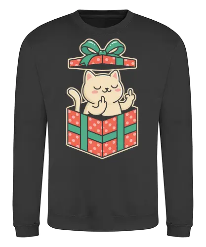 "Surprise Me" Funny Rude Cat in Gift Box Graphic - funny cat gift shirt, rude cat t-shirt, cat in a box graphic tee, middle finger cat apparel, sarcastic animal clothing, kawaii cat prank design, funny birthday gift for friends, cheeky feline t-shirt, red and green gift box art, offensive but cute cat top, cat middle finger gesture, humorous kitty streetwear, rebellious cat illustration, edgy kawaii fashion, surprise gift box t-shirt, funny christmas cat merch, cynical cat lover gift, bold character graphic tee, sassy pet apparel - Sweatshirt