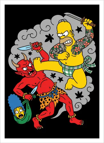 Homer vs. Oni" Japanese Traditional Tattoo Style 