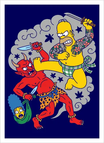 Homer vs. Oni" Japanese Traditional Tattoo Style 