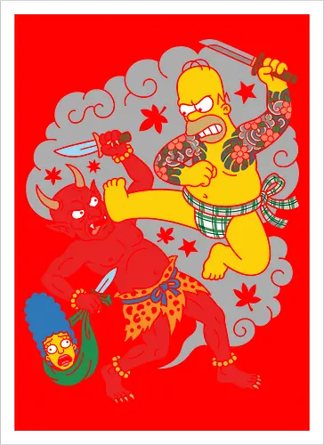 Homer vs. Oni" Japanese Traditional Tattoo Style 