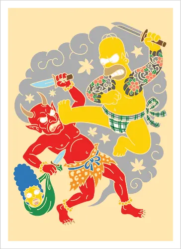 Homer vs. Oni" Japanese Traditional Tattoo Style 