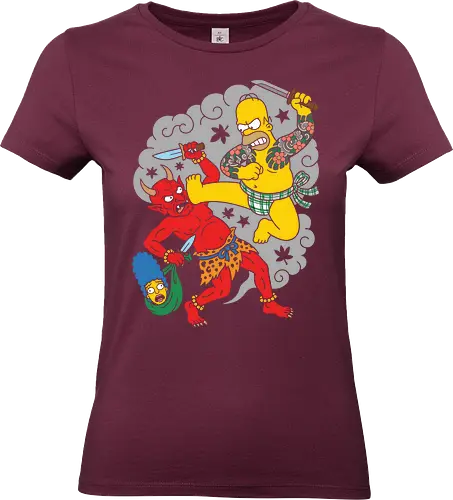 Homer vs. Oni" Japanese Traditional Tattoo Style  - japanese tattoo t-shirt, oni demon graphic tee, simpsons mashup apparel, funny japanese art clothing, japanese mythology parody, irezumi style, anime style top, red oni vs homer design, traditional japanese tattoo shirt, yellow character streetwear, ukiyo-e parody t-shirt, humorous warrior graphic, pop culture crossover merch, vintage tattoo aesthetic clothing, cartoon battle t-shirt, bold illustrative apparel, unique fan art shirt - Standard T-Shirt (Frauen)