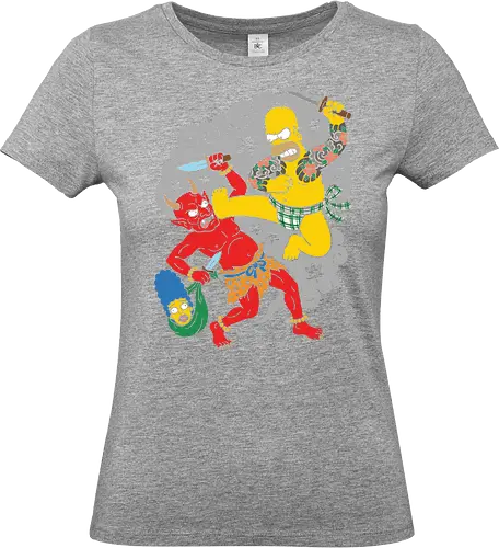 Homer vs. Oni" Japanese Traditional Tattoo Style  - japanese tattoo t-shirt, oni demon graphic tee, simpsons mashup apparel, funny japanese art clothing, japanese mythology parody, irezumi style, anime style top, red oni vs homer design, traditional japanese tattoo shirt, yellow character streetwear, ukiyo-e parody t-shirt, humorous warrior graphic, pop culture crossover merch, vintage tattoo aesthetic clothing, cartoon battle t-shirt, bold illustrative apparel, unique fan art shirt - Standard T-Shirt (Frauen)