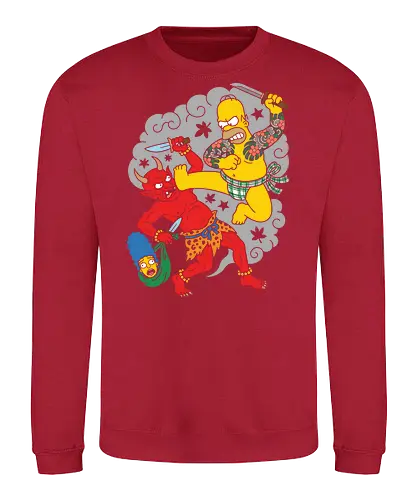 Homer vs. Oni" Japanese Traditional Tattoo Style  - japanese tattoo t-shirt, oni demon graphic tee, simpsons mashup apparel, funny japanese art clothing, japanese mythology parody, irezumi style, anime style top, red oni vs homer design, traditional japanese tattoo shirt, yellow character streetwear, ukiyo-e parody t-shirt, humorous warrior graphic, pop culture crossover merch, vintage tattoo aesthetic clothing, cartoon battle t-shirt, bold illustrative apparel, unique fan art shirt - Sweatshirt