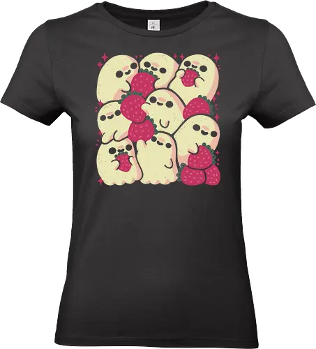 Spooky Cute Ghosts with Strawberries - ghosts, strawberry, doodle, ghost, strawberries, pink, spooky cute, creepy cute, spring, love, whimsical, kawaii ghost, occult, adorable, xmorfina - Standard T-Shirt (Frauen)